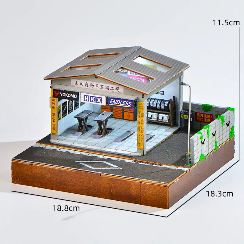 1:64 Scale Handmade Car Workshop Model Kit - LED-Lit Garage Scene, Miniature Diorama & Building Toy for Hobbyists