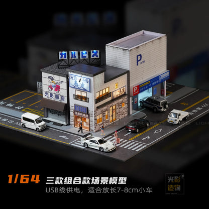 1/64 Diorama Garage Scene Model with LED Lighting Parking Lot Scene Model City Street Building Scene for Model Car Display