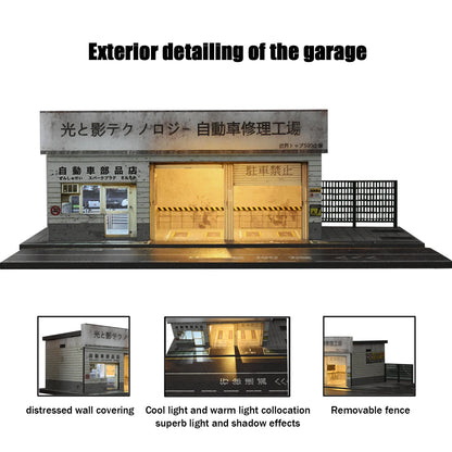 1/64 Diorama Garage Scene Model with LED Lighting Parking Lot Scene Model City Street Building Scene for Model Car Display