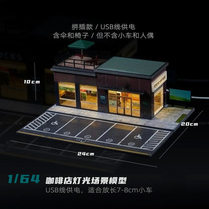 1/64 Diorama Garage Scene Model with LED Lighting Parking Lot Scene Model City Street Building Scene for Model Car Display