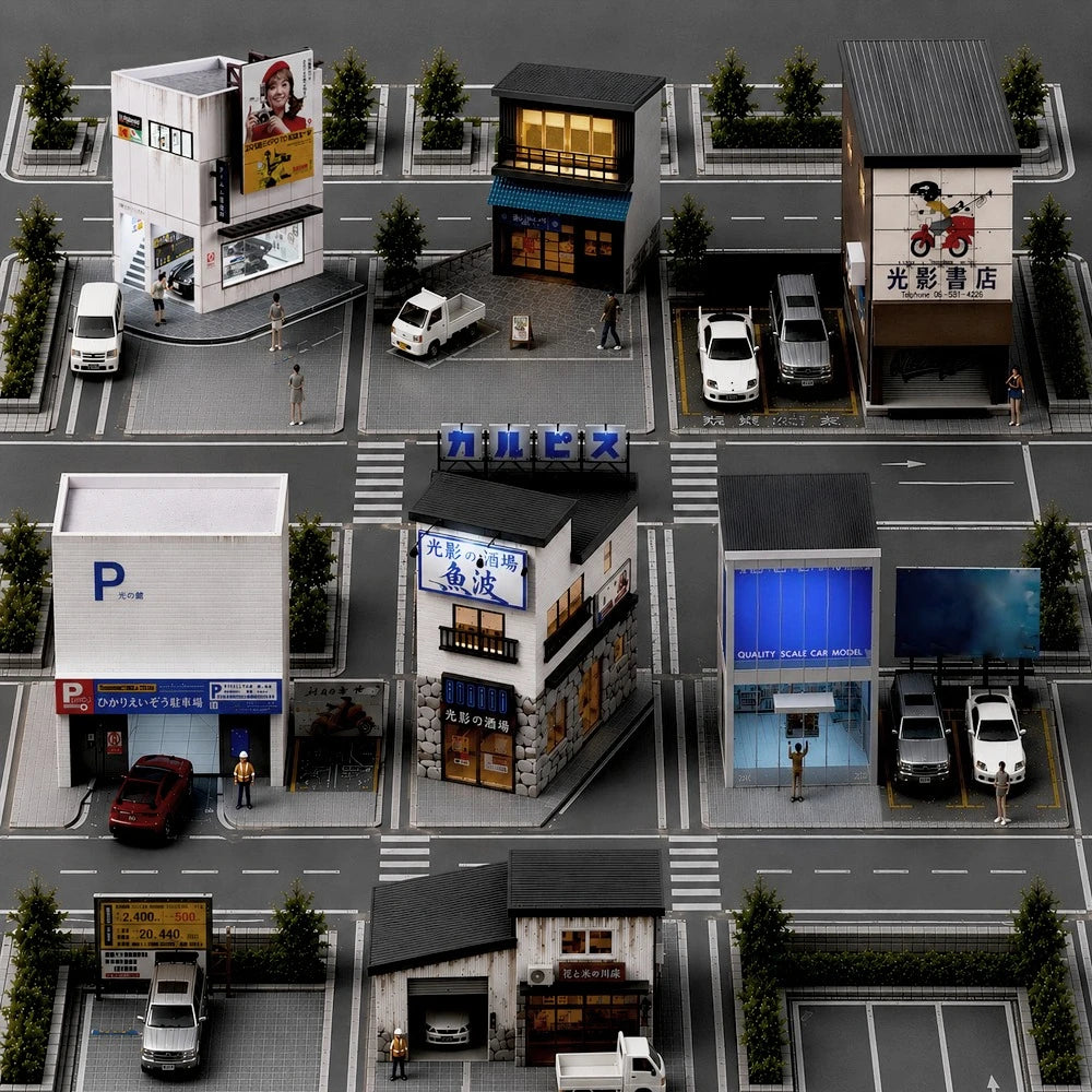 1/64 Diorama Garage Scene Model with LED Lighting Parking Lot Scene Model City Street Building Scene for Model Car Display