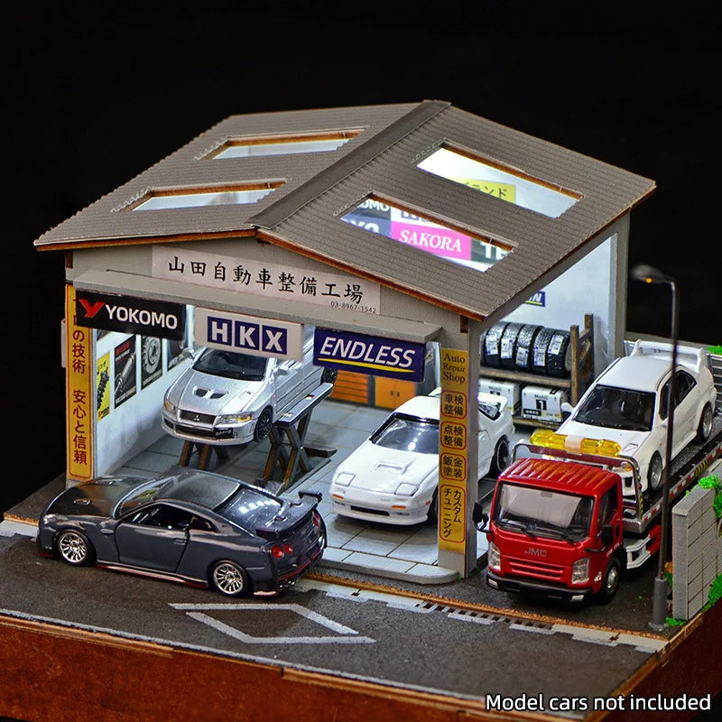 1:64 Scale Handmade Car Workshop Model Kit - LED-Lit Garage Scene, Miniature Diorama & Building Toy for Hobbyists