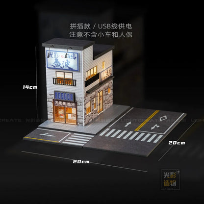1/64 Diorama Garage Scene Model with LED Lighting Parking Lot Scene Model City Street Building Scene for Model Car Display
