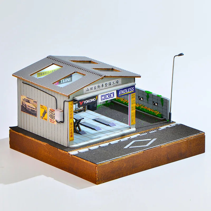 1:64 Scale Handmade Car Workshop Model Kit - LED-Lit Garage Scene, Miniature Diorama & Building Toy for Hobbyists