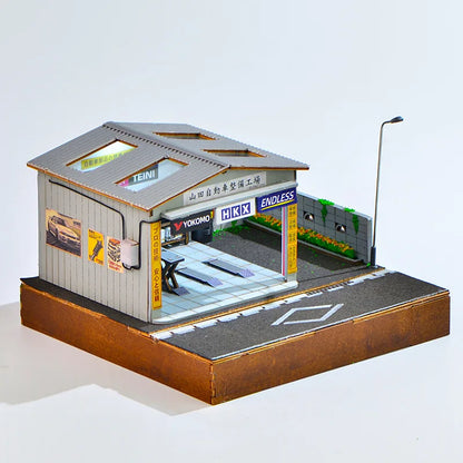 1:64 Scale Handmade Car Workshop Model Kit - LED-Lit Garage Scene, Miniature Diorama & Building Toy for Hobbyists
