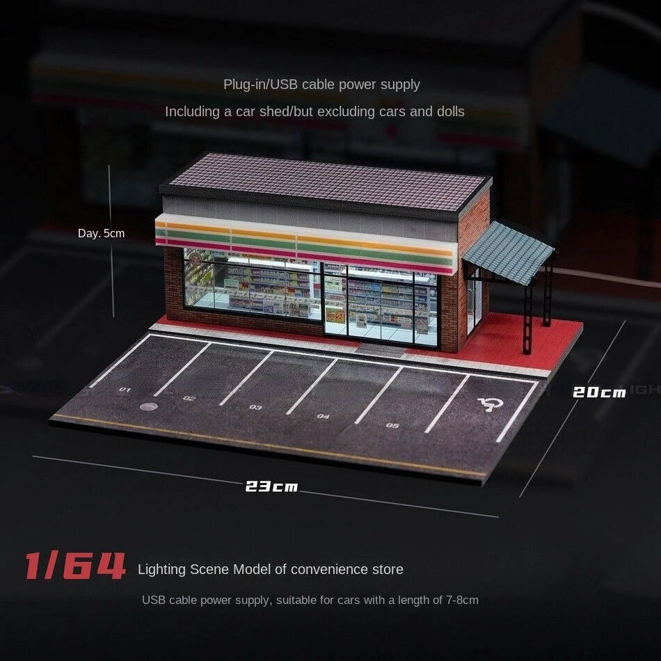 1/64 Diorama Garage Scene Model with LED Lighting Parking Lot Scene Model City Street Building Scene for Model Car Display