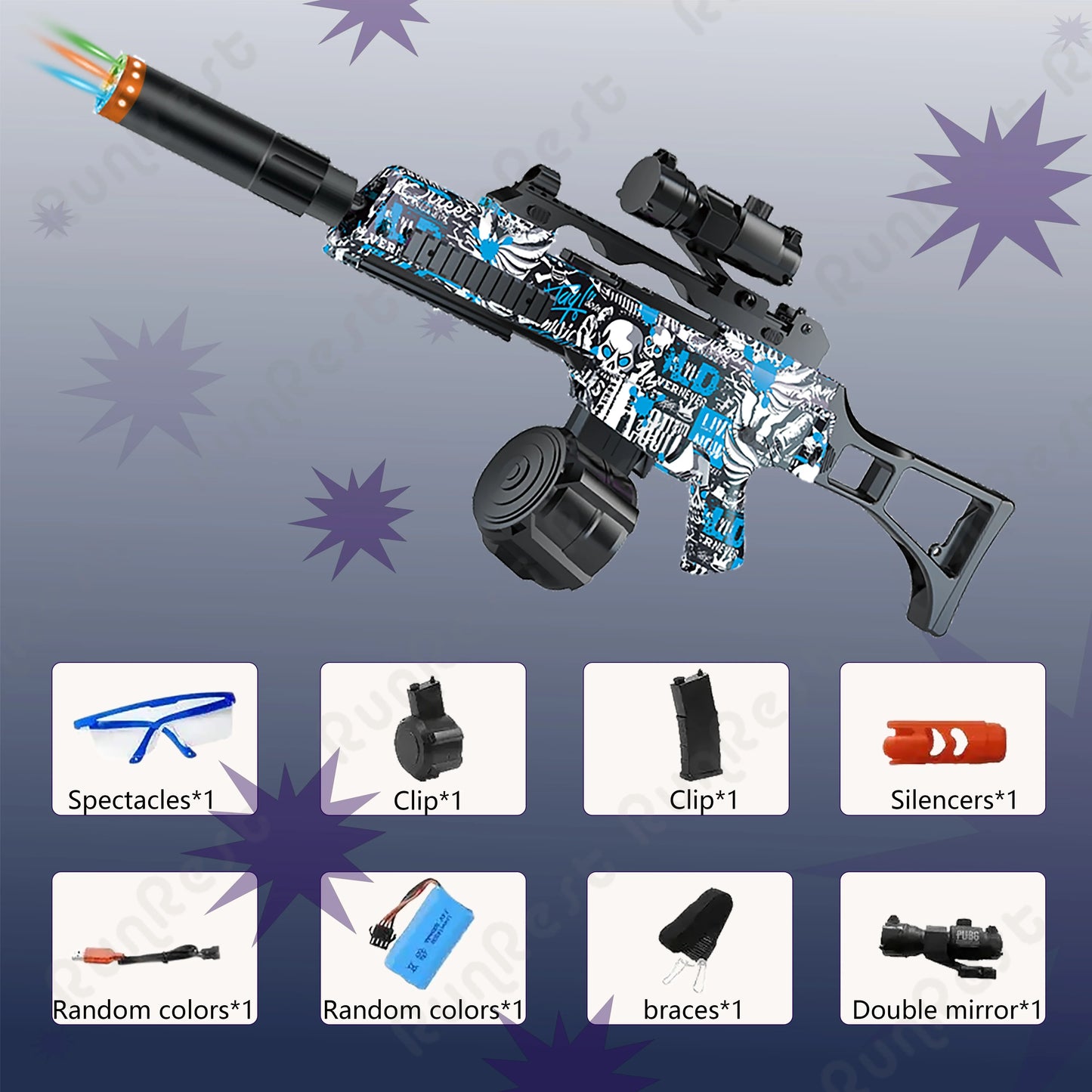 RunRest Blaster Gun, Electric Ball Blaster, With Flash Silencer High Orbeez Gun Performance Cool Toy Gun, Rechargeable Splatter