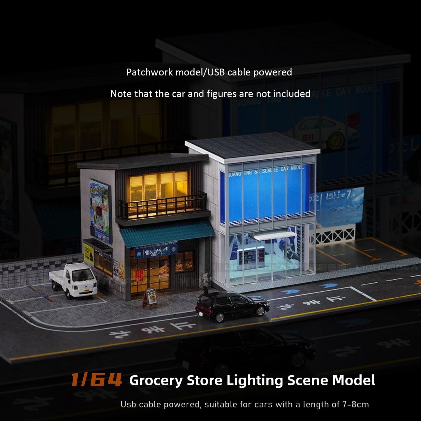 1/64 Diorama Garage Scene Model with LED Lighting Parking Lot Scene Model City Street Building Scene for Model Car Display
