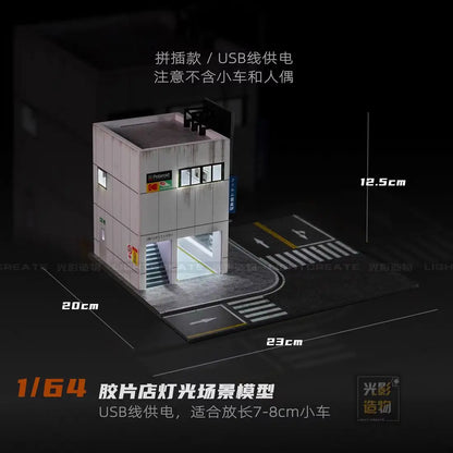 1/64 Diorama Garage Scene Model with LED Lighting Parking Lot Scene Model City Street Building Scene for Model Car Display