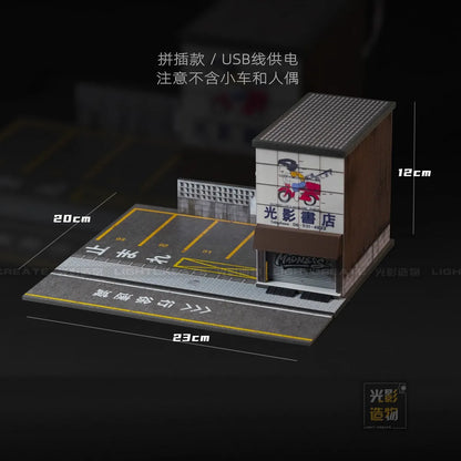 1/64 Diorama Garage Scene Model with LED Lighting Parking Lot Scene Model City Street Building Scene for Model Car Display