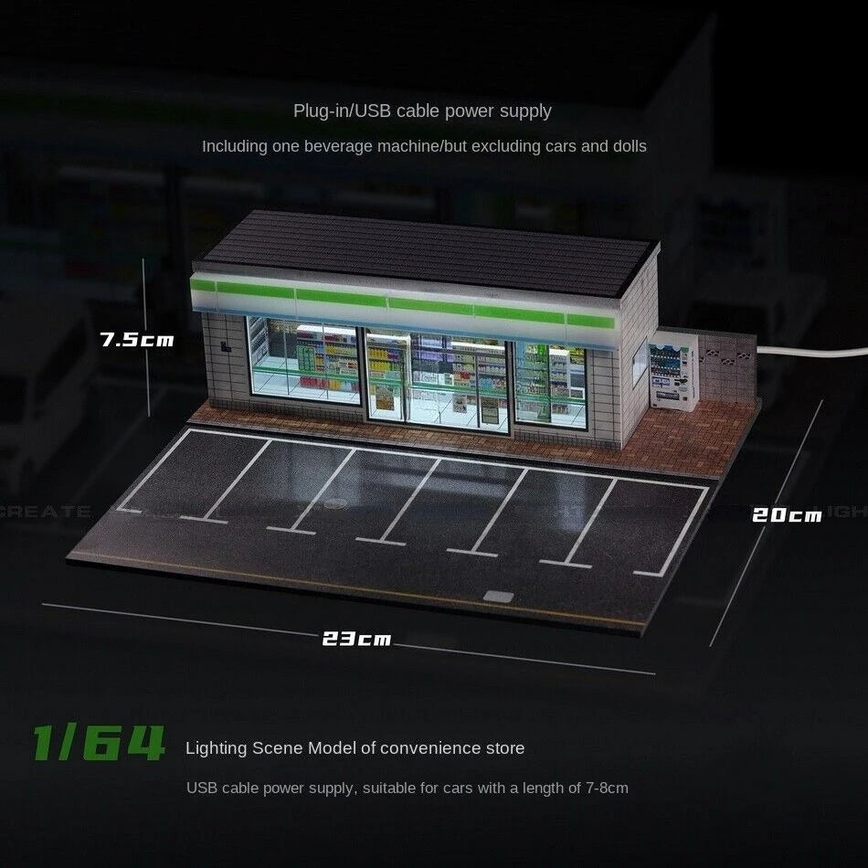 1/64 Diorama Garage Scene Model with LED Lighting Parking Lot Scene Model City Street Building Scene for Model Car Display