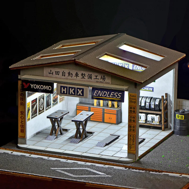 1:64 Scale Handmade Car Workshop Model Kit - LED-Lit Garage Scene, Miniature Diorama & Building Toy for Hobbyists
