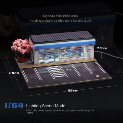 1/64 Diorama Garage Scene Model with LED Lighting Parking Lot Scene Model City Street Building Scene for Model Car Display