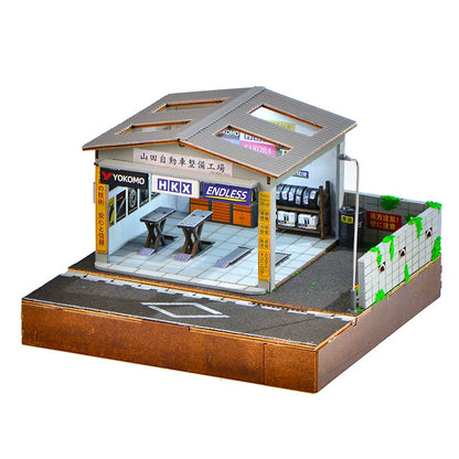 1:64 Scale Handmade Car Workshop Model Kit - LED-Lit Garage Scene, Miniature Diorama & Building Toy for Hobbyists